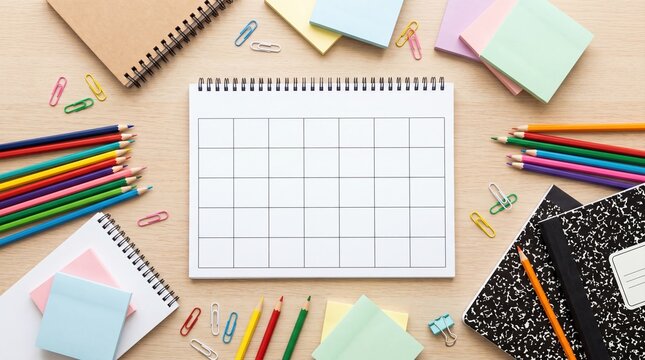 Blank weekly planner flat lay with colorful pencils and school supplies on wooden desk