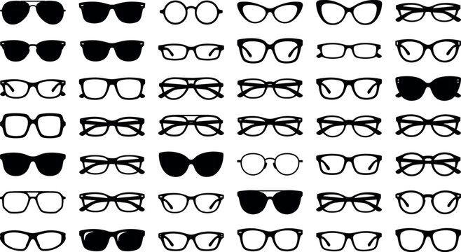 Trendy eyewear frame collection featuring detailed black silhouettes of classic eyeglasses retro spectacles and fashion sunglasses icons