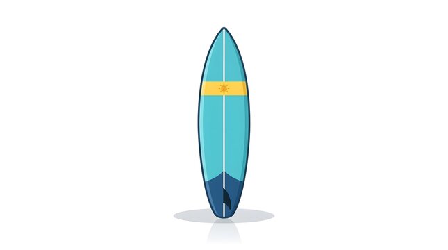 A minimalist flat vector illustration of a classic surfboard standing upright. Features a sleek turquoise blue body divided by a white center stringer line, a bold horizontal yellow stripe with a smal