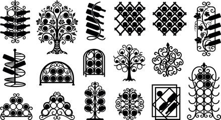 Vintage wine rack collection featuring detailed black silhouettes of wrought iron metal stands with ornate filigree grape vine designs © MstAduri