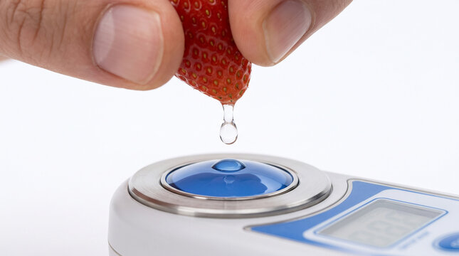 Hand squeezing a drop of strawberry juice onto a digital refractometer