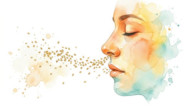 Seasonal allergy vector illustration showing pollen particles entering the nose and respiratory system