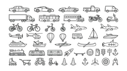 Monochrome transportation vector icon set, 40 diverse vehicle line art illustrations, black and white transport symbols, travel and logistics graphic resources © Dylan