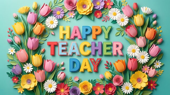 Happy teacher day floral arrangement vibrant paper cut flowers celebrating educators and appreciation