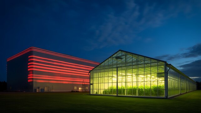 Industrial Greenhouse with Red LED Grow Lights