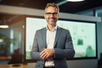 Obraz premium A man presenting company profile on TV screen in the meeting room glasses office adult.