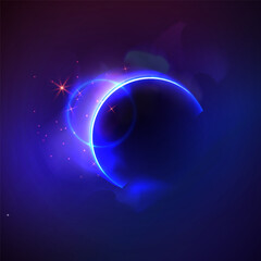 Abstract Solar Eclipse Background with Neon Blue Crescent and Sparkles © Qodier Ace