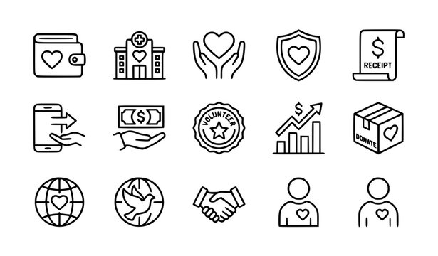 Charity and social responsibility outline icon set with donation, fundraising and humanitarian symbols vector
