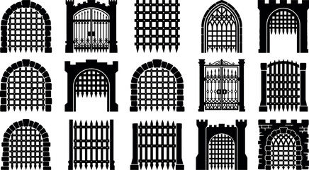 Medieval castle portcullis collection featuring black vector silhouettes of spiked fortress iron grates dungeons and gothic cathedral gates © MstAduri