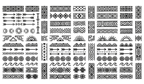 Decorative Aztec Tribal Border Vector Pack with Geometric Doodle Ornaments and Boho Scandinavian Style