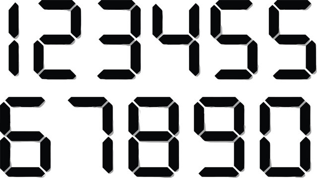 Seven segment digital numbers display showing complete set of digits for electronic clock calculator and technology design use