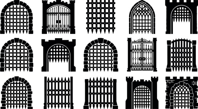 Medieval castle portcullis collection featuring black vector silhouettes of spiked fortress iron grates dungeons and gothic cathedral gates