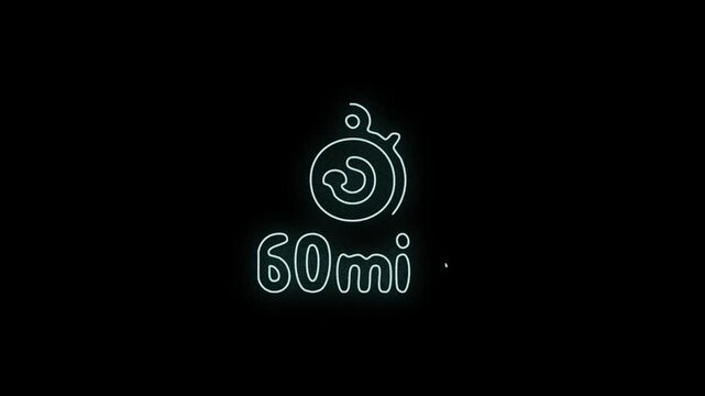 Neon glowing timer icon with text 60min on black background for cooking with across dark background video glowing moving across timekeeping futuristic countdown hourglass
