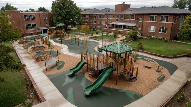 Colorful school playground featuring slides mazes monkey bars and brick building