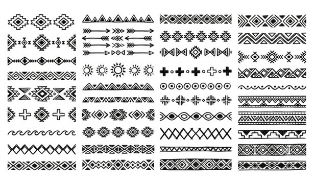 Hand Drawn Tribal Geometric Border Collection with Aztec Boho Scandinavian Decorative Vector Patterns