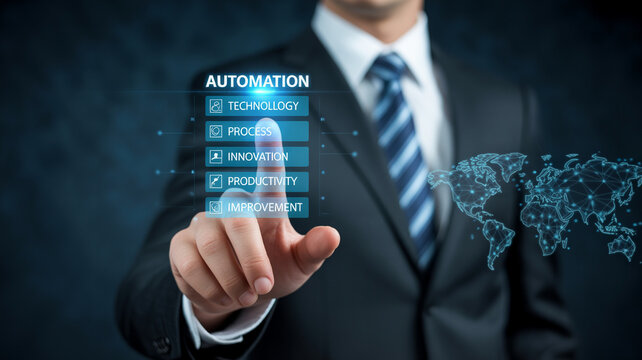 Businessman interacting with digital automation interface displaying technology process innovation productivity improvement with professional selecting automation