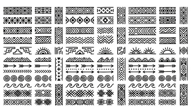 Aztec Tribal Border Vector Set with Hand Drawn Geometric Boho Scandinavian Doodle Pattern Elements