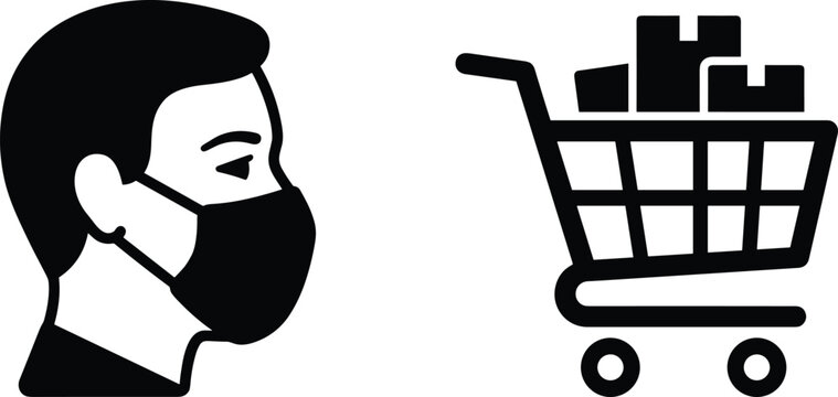 Silhouette icons of masked face and shopping cart symbolizing safe shopping practices and public health awareness