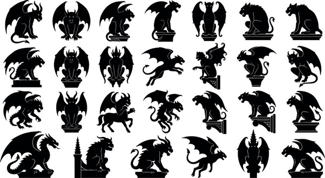Gothic gargoyle stone statue collection featuring detailed black silhouettes of mythical winged demons and cathedral roof dragon stone sculpture elements
