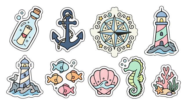 Nautical ocean sticker pack with lighthouse anchor compass and message bottle ideal for marine greeting cards