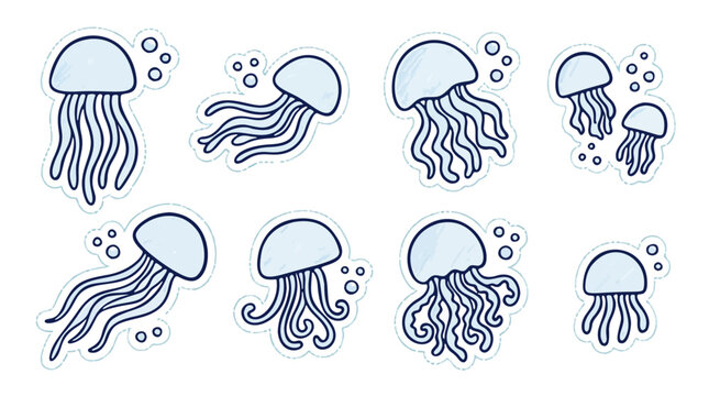 Cute blue jellyfish sticker pack ideal for ocean themed scrapbook or kids pattern design vector