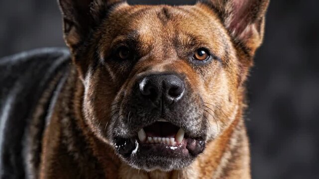 Adult German Shepherd displays intense defensive aggression. Lips pulled back fully exposing large teeth in deep snarl. Eyes locked in hard direct stare. Guard dog warning concept