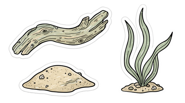 Minimalist coastal nature sticker pack with smooth driftwood sand mound and seaweed vector illustration
