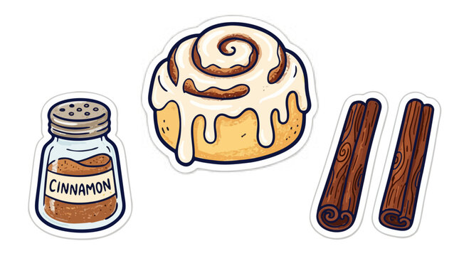 Sweet frosted cinnamon roll with spice shaker and cinnamon sticks vector sticker set