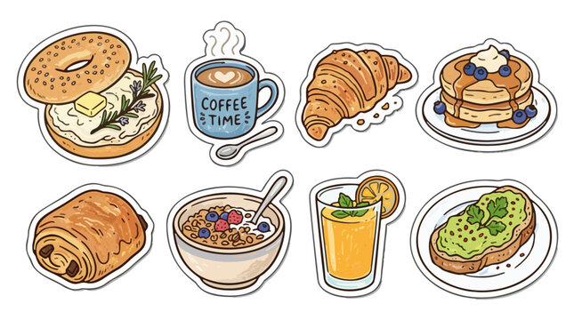 Healthy morning breakfast food sticker pack with cream cheese bagel pancakes and hot coffee vector illustration