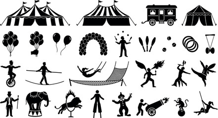 Vintage circus carnival collection featuring detailed black silhouettes of big top tents acrobats clowns performers animals and attraction elements © MstAduri