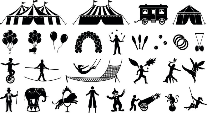 Vintage circus carnival collection featuring detailed black silhouettes of big top tents acrobats clowns performers animals and attraction elements