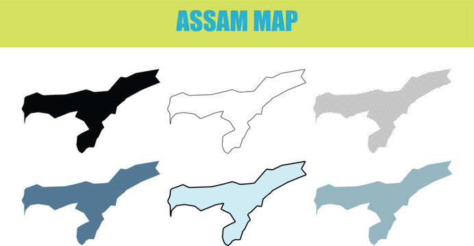 Assam map in fill outline and lined style variations on a clean background during bright daylight