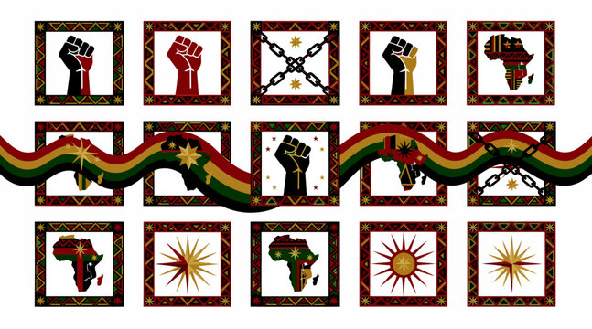 Pan African Flag Symbols: Fist, Africa Map, Chains, Sunburst, Kwanzaa Colors