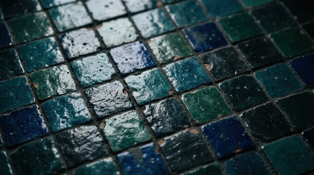 Handmade Moroccan Zellige Ceramic Tiles in Shades of Blue and Green for Interior Design Background and Architectural Texture