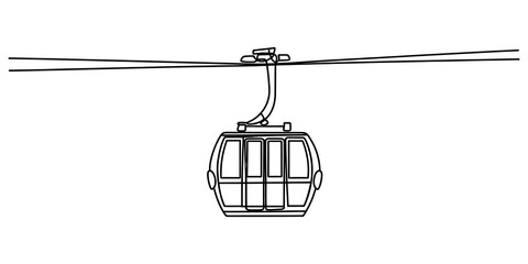 Black and white line drawing of a cable car hanging on a wire © JCS Graphic Design 
