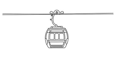 Black and white line drawing of a cable car hanging on a wire © JCS Graphic Design 