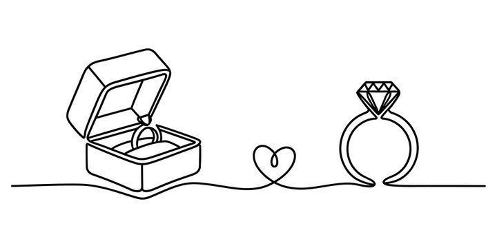 Continuous line drawing of an engagement diamond ring and jewelry box