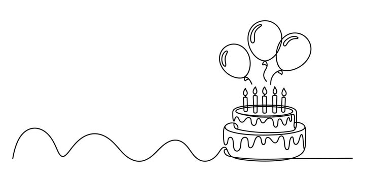 Continuous line drawing of a birthday cake with candles and balloons