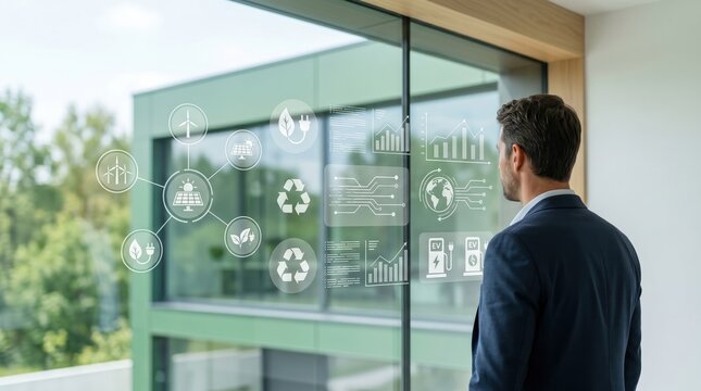 Businessman analyzing renewable energy data on glass window, solar and wind power icons, sustainability report, green technology solutions, corporate environmental strategy, cle...