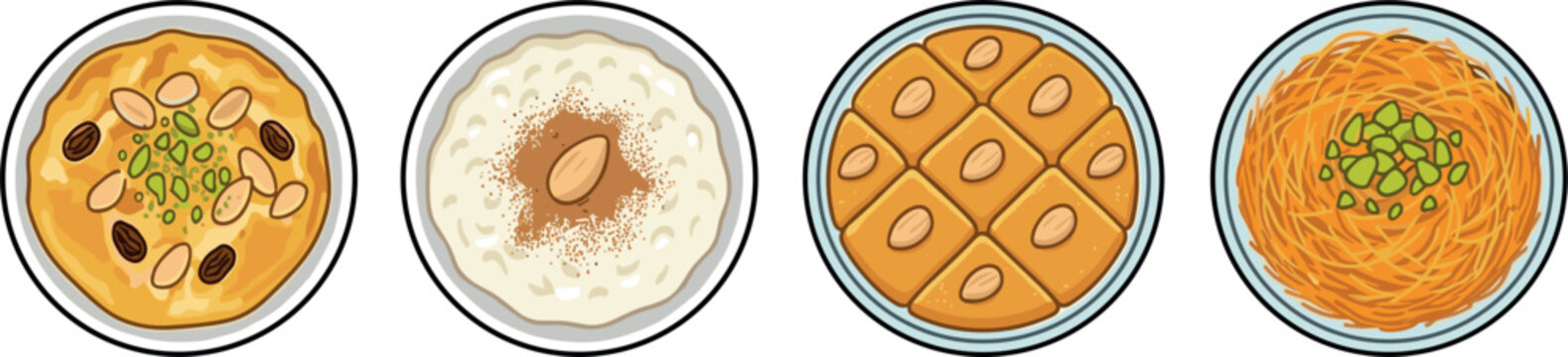 Traditional Arabic and Turkish Desserts Top View Vector Set with Ashura Pudding Rice Pudding Basbousa and K&uuml;nefe Pastry Bowls