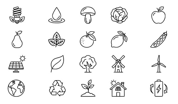 Eco Food and Renewable Energy Thin Line Black Vector Icon Set