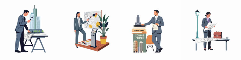 Fototapeta premium Set of illustrations depicting professional urban planners, architects, and designers working on city development projects, zoning permits, and architectural blueprints.