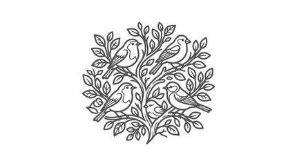 Fototapeta premium Creative Black and White Line Drawing of Birds Nestled in Ornate Floral Branches Minimalist Nature