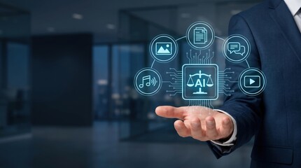 Fototapeta premium Artificial intelligence legal ethics concept with scales of justice icon surrounded by media files, representing copyright law and digital rights management technology