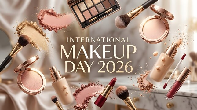 International Make Up day 2026 Banner poster  Flat lay cosmetics with eyeshadow palette