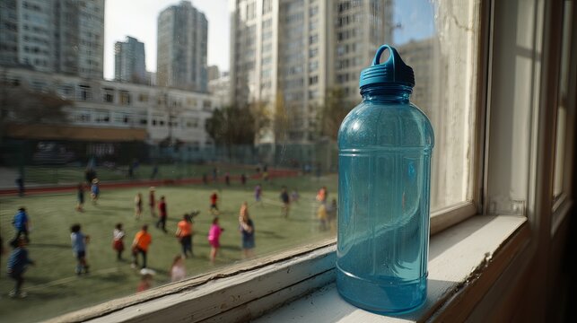 Close-up of blue water bottle on classroom windowsill with children playing in school yard and urban buildings background