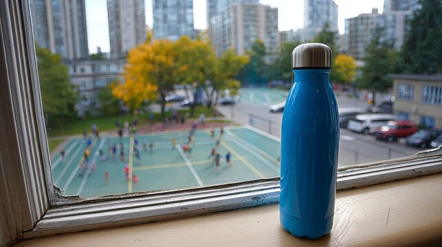 Close-up of blue water bottle on classroom windowsill with children playing in school yard and urban buildings background