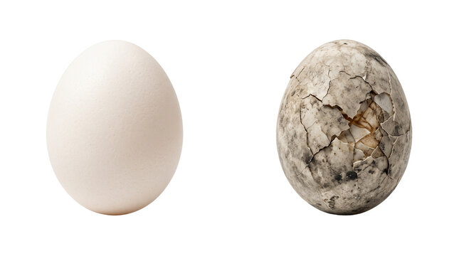 Minimalist white egg and cracked stone egg comparison, conceptual evolution and transformation metaphor, smooth versus textured surface contrast isolated PNG with Transparent Background