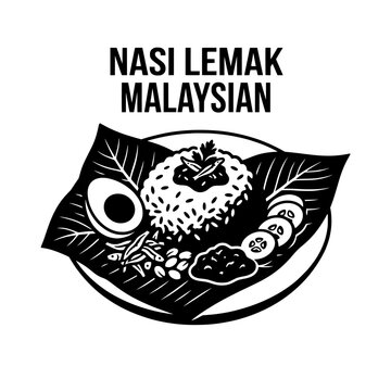 Traditional Malaysian Nasi Lemak Dish Illustration Black and White.