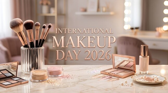International Make Up day 2026 Banner poster   Marble vanity tabletop with makeup brushes and loose pigments